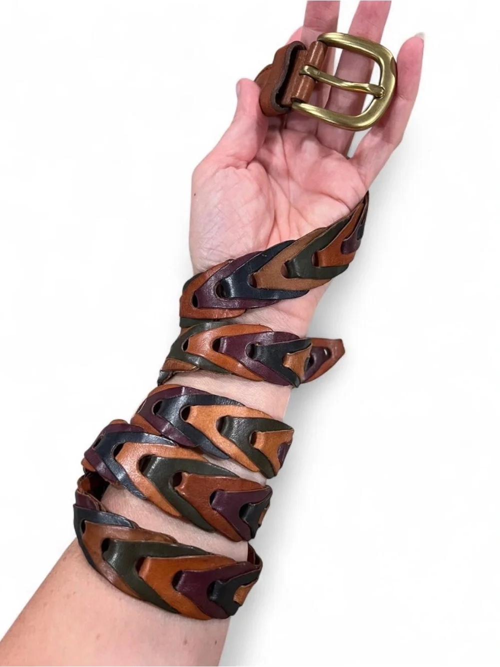 Vintage Multi-Color Braided Leather Belt 2XL with Brass Buckle